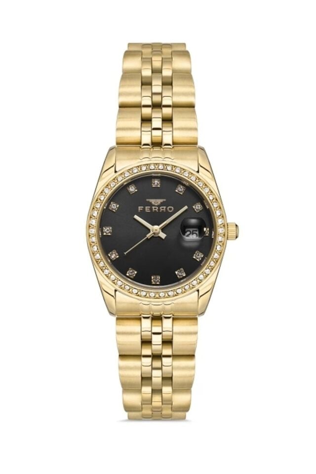 Ferro Fl21450a-b2 Quartz Çelik Altın Rengi Siyah Kadran 28 mm Kadın Kol Saati