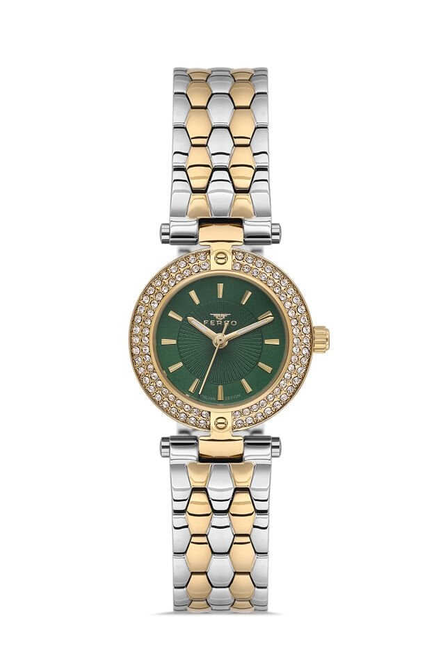 Ferro FL21608AWT-D6 Quartz Çelik Altın/Gri Yeşil Kadran 28 mm Kadın Kol Saati
