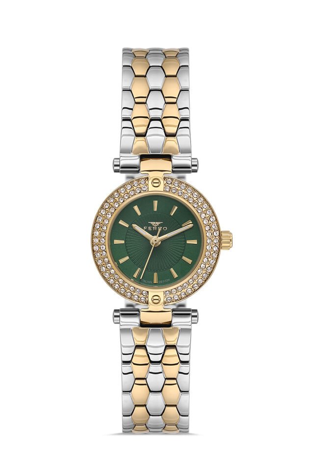 Ferro FL21608AWT-D6 Quartz Çelik Altın/Gri Yeşil Kadran 28 mm Kadın Kol Saati
