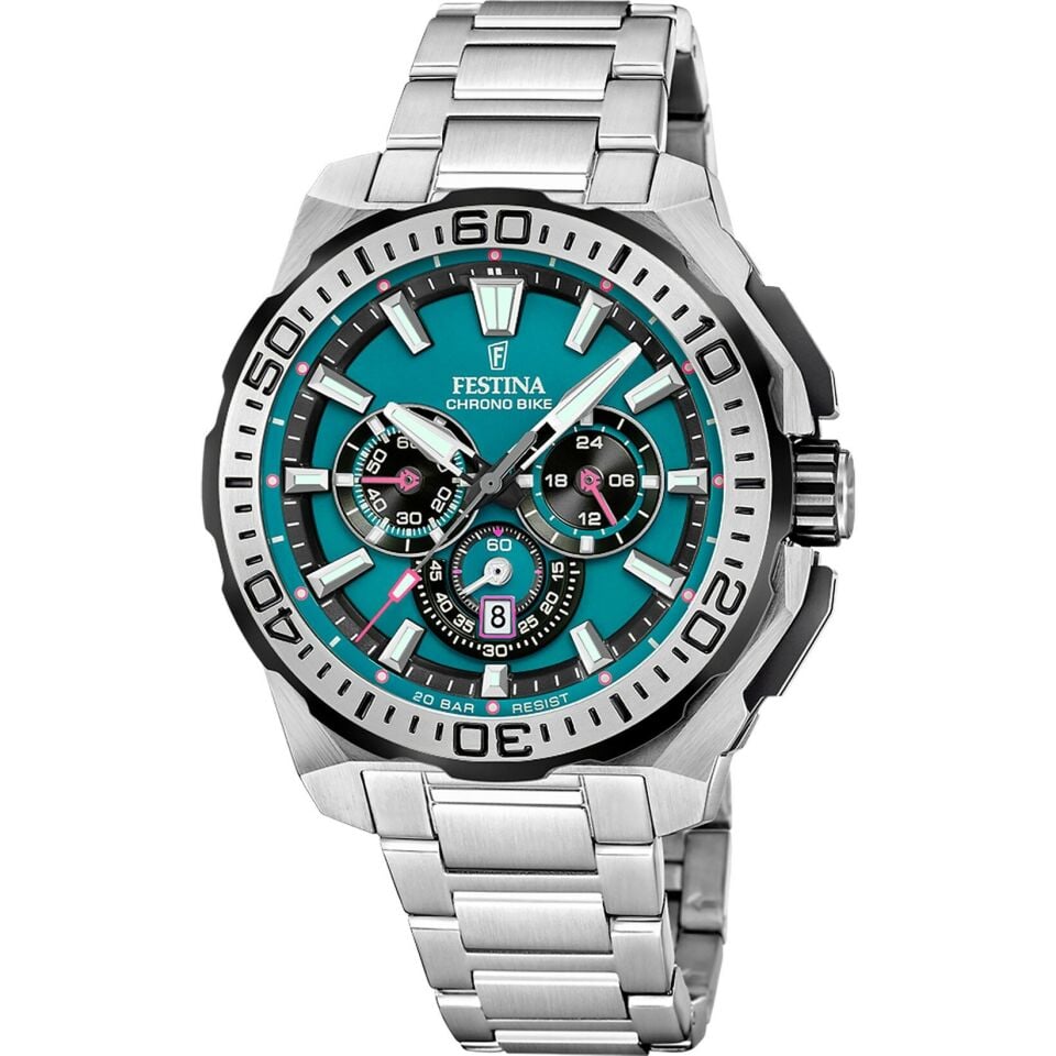 Festina F20724/6 Chrono Bike Quartz Çelik Gri Yeşil Kadran 20 ATM 46 mm Erkek Kol saati