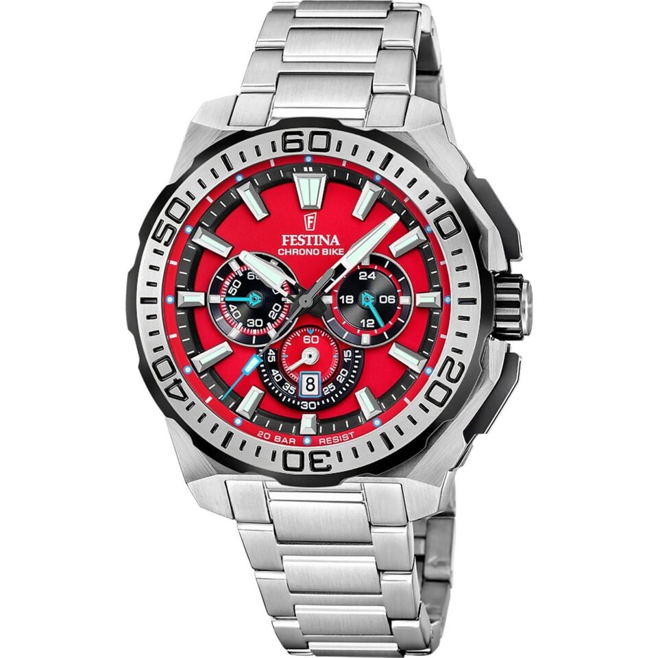 Festina F20724/5 Chrono Bike Quartz Çelik Gri Kırmızı Kadran 20 ATM 46 mm Erkek Kol Saati
