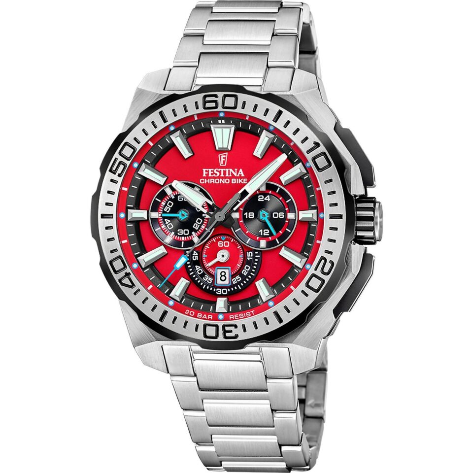 Festina F20724/5 Chrono Bike Quartz Çelik Gri Kırmızı Kadran 20 ATM 46 mm Erkek Kol Saati