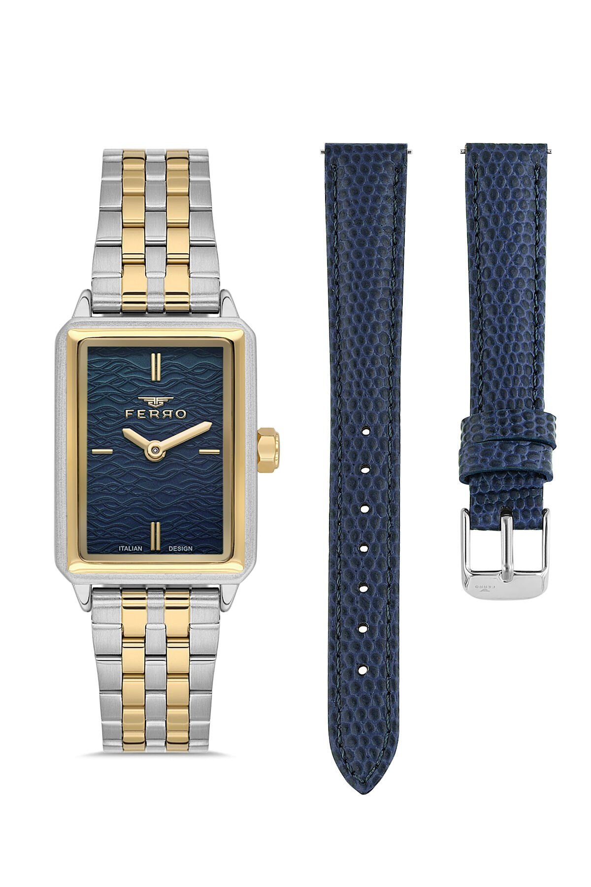 Ferro Sarı ve Gümüş Çelik ve Lacivert Deri Kordon Hediyeli Kadın Kol Saati FL21626AWT-D3