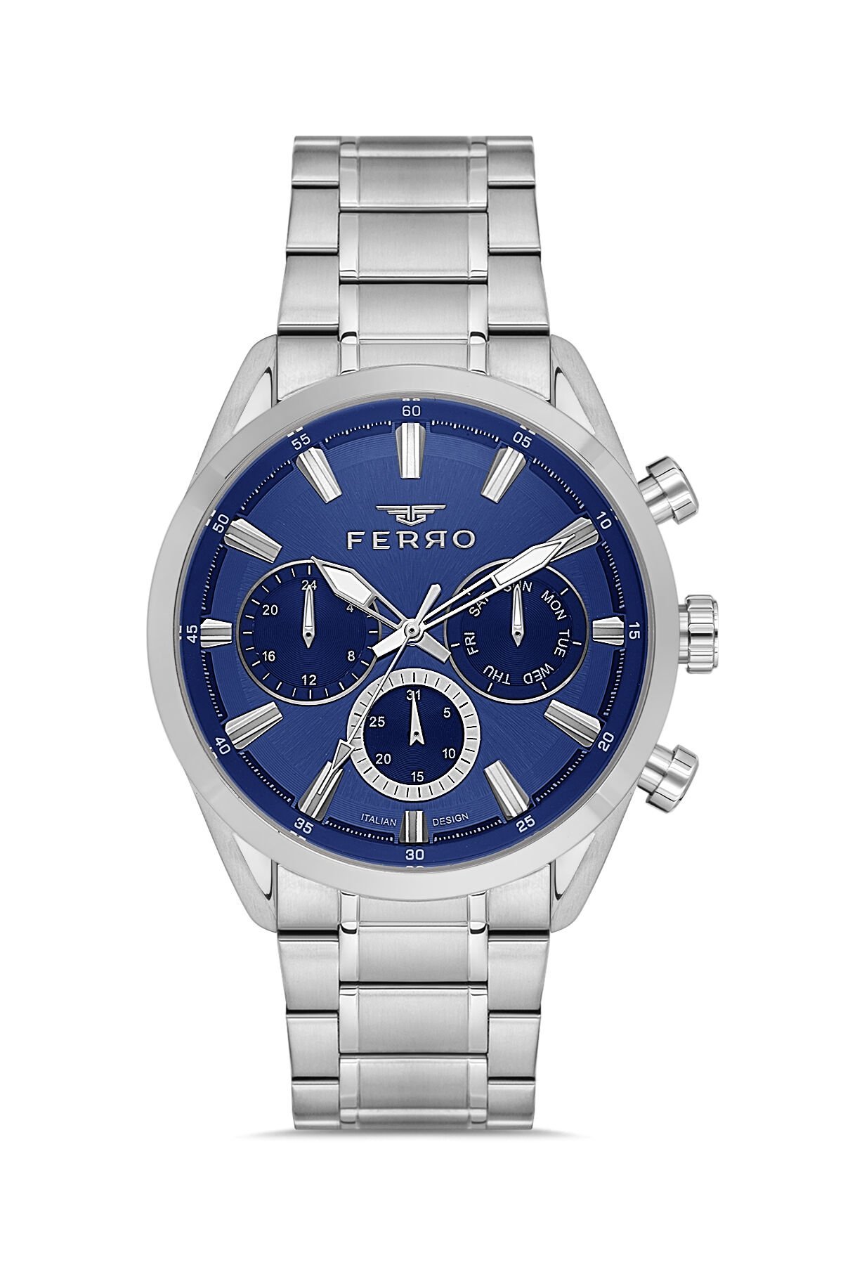 Ferro Gümüş Çelik Kordon Erkek Kol Saati FM11758A-D3 Tüm Fonksiyonları Aktif 3 ATM Su Geçirmez