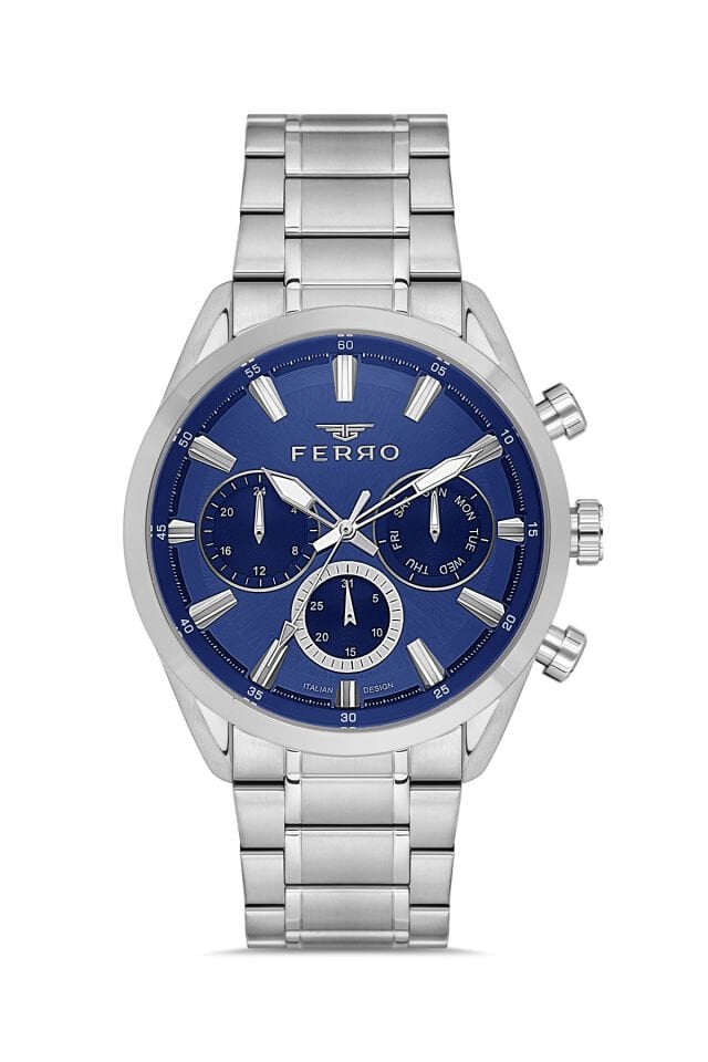 Ferro Gümüş Çelik Kordon Erkek Kol Saati FM11758A-D3 Tüm Fonksiyonları Aktif 3 ATM Su Geçirmez