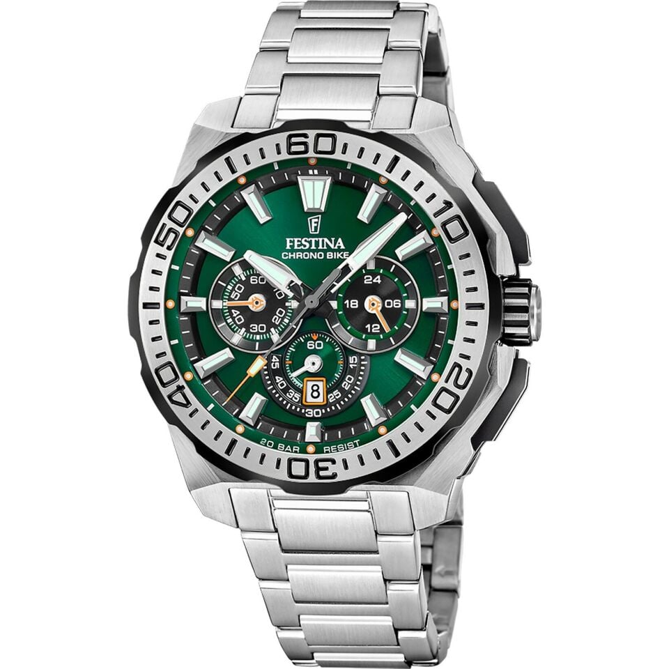 Festina F20724/3 Chrono Bike Quartz Çelik Gri Yeşil Kadran 20 ATM 46 mm Erkek Kol Saati