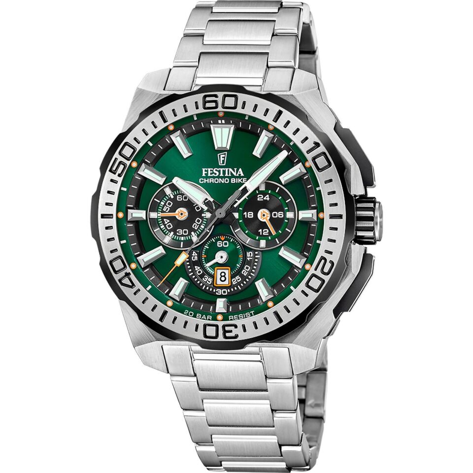 Festina F20724/3 Chrono Bike Quartz Çelik Gri Yeşil Kadran 20 ATM 46 mm Erkek Kol Saati