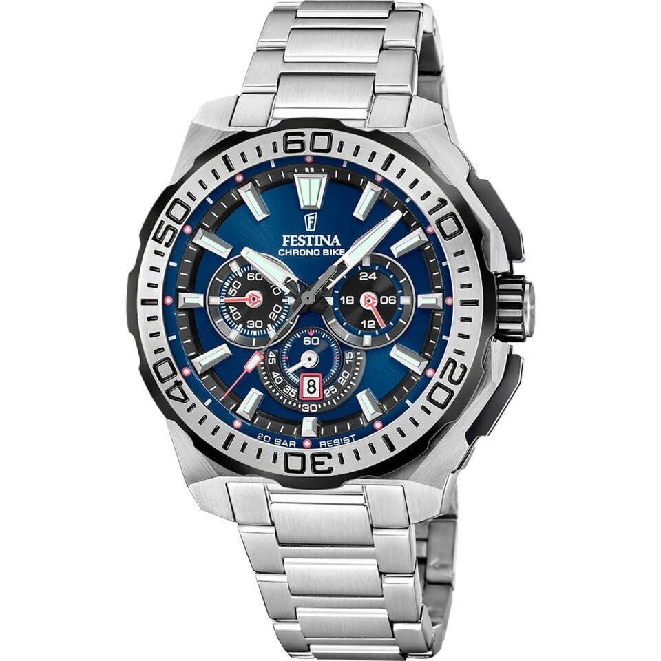 Festina F20724/2 Chrono Bike Quartz Çelik Gri Mavi Kadran 20 ATM 46 mm Erkek Kol Saati