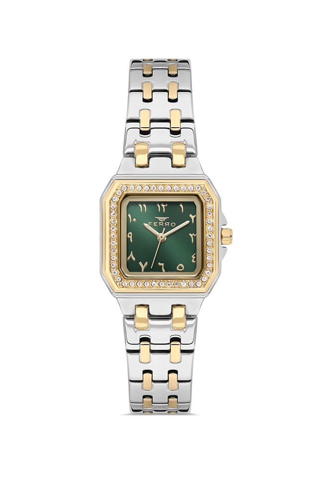 Ferro FL21609AWT-D6 Quartz Çelik Altın/Gri Yeşil Kadran 25 mm Kadın Kol Saati