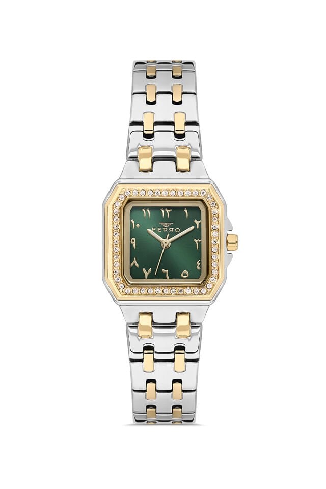 Ferro FL21609AWT-D6 Quartz Çelik Altın/Gri Yeşil Kadran 25 mm Kadın Kol Saati