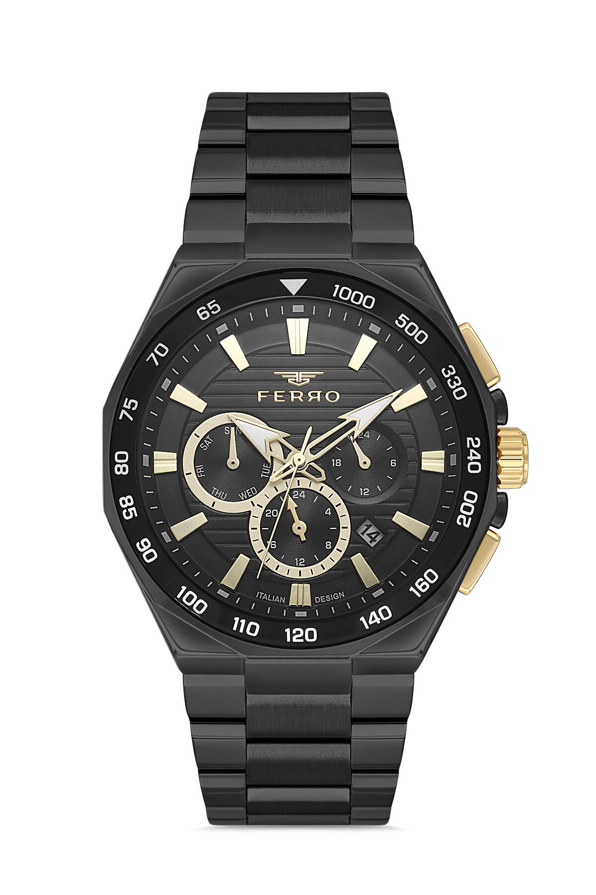 Ferro Siyah Çelik Kordon Erkek Kol Saati FM11650A-E3 Fonksiyonları Aktif 3 ATM Su Geçirmez