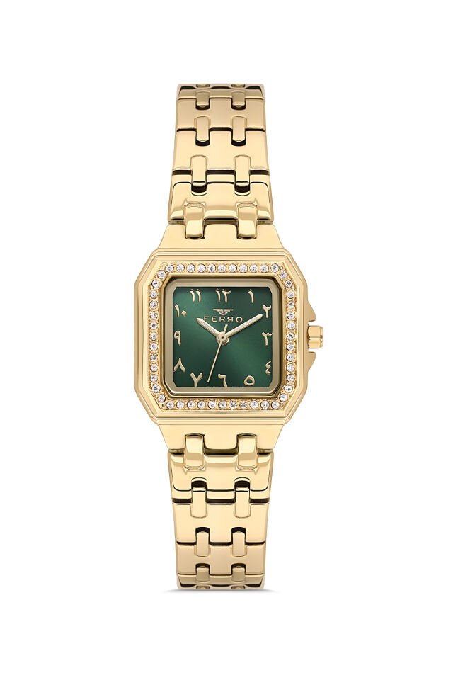Ferro FL21609AWT-B6 Quartz Çelik Altın Rengi Yeşil Kadran 25 mm Kadın Kol Saati