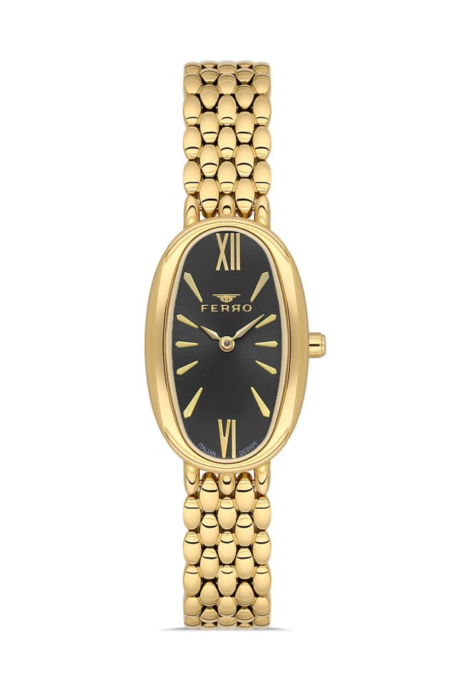 Ferro FL21510AWT-B2 Quartz Çelik Altın Rengi Siyah Kadran 22 mm Kadın Kol Saati