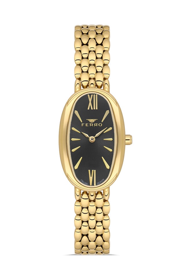 Ferro FL21510AWT-B2 Quartz Çelik Altın Rengi Siyah Kadran 22 mm Kadın Kol Saati