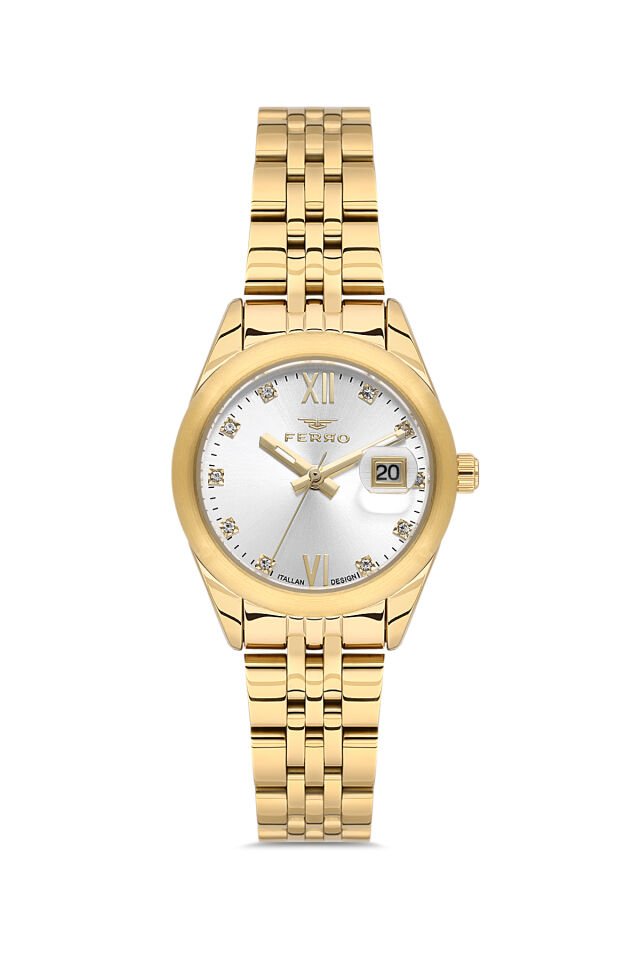 Ferro FL21618AWT-B Quartz Çelik Altın Rengi Beyaz Kadran 28 mm Kadın Kol Saati
