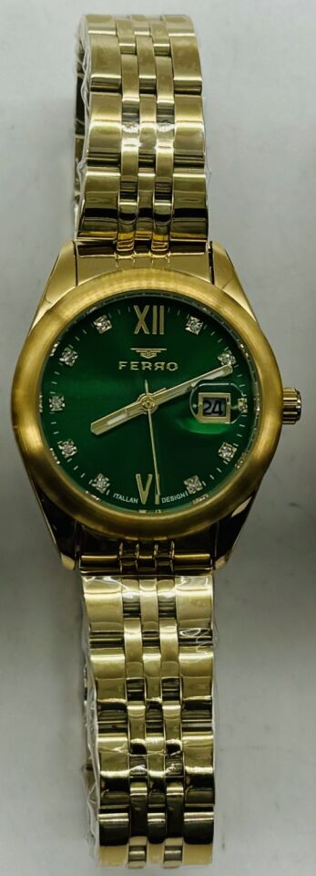 Ferro FL21618AWT-B6 Quartz Çelik Altın Rengi Yeşil Kadran 28 mm Kadın Kol Saati