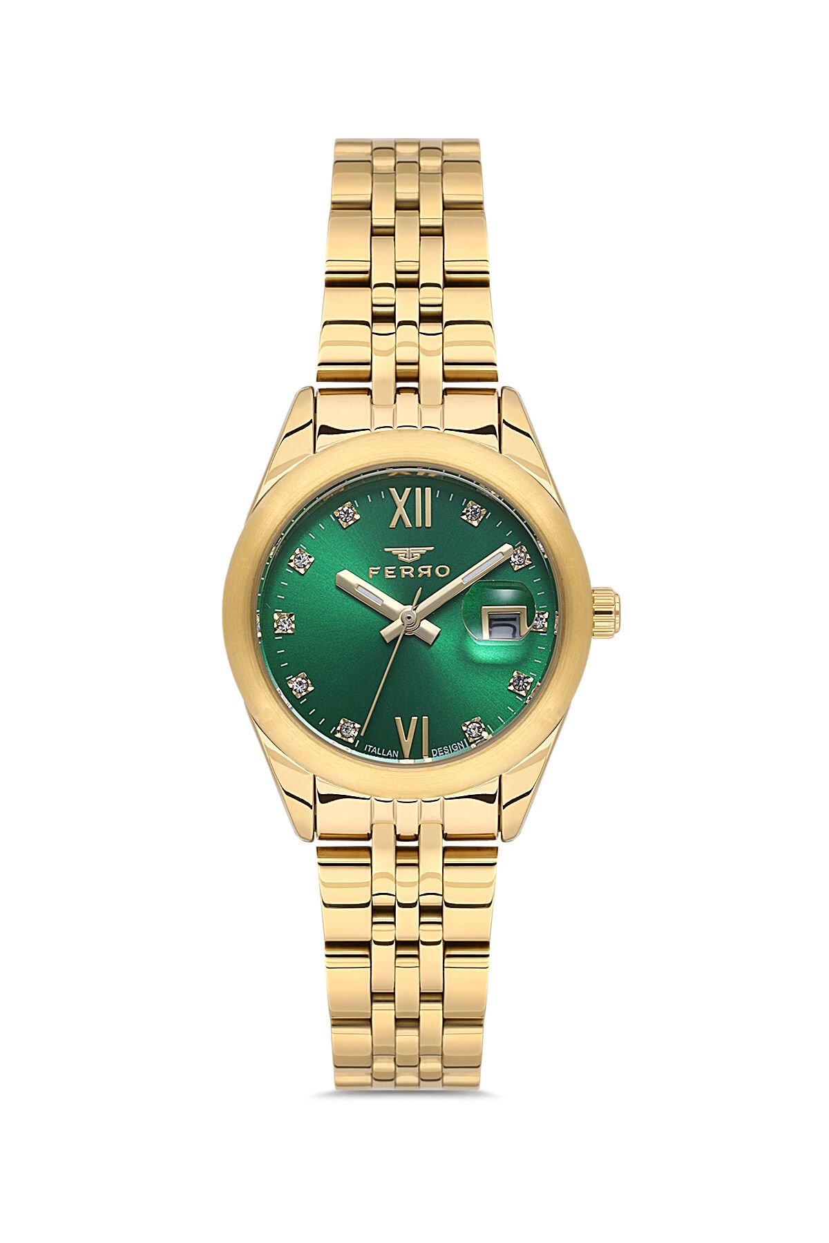 Ferro FL21618AWT-B6 Quartz Çelik Altın Rengi Yeşil Kadran 28 mm Kadın Kol Saati