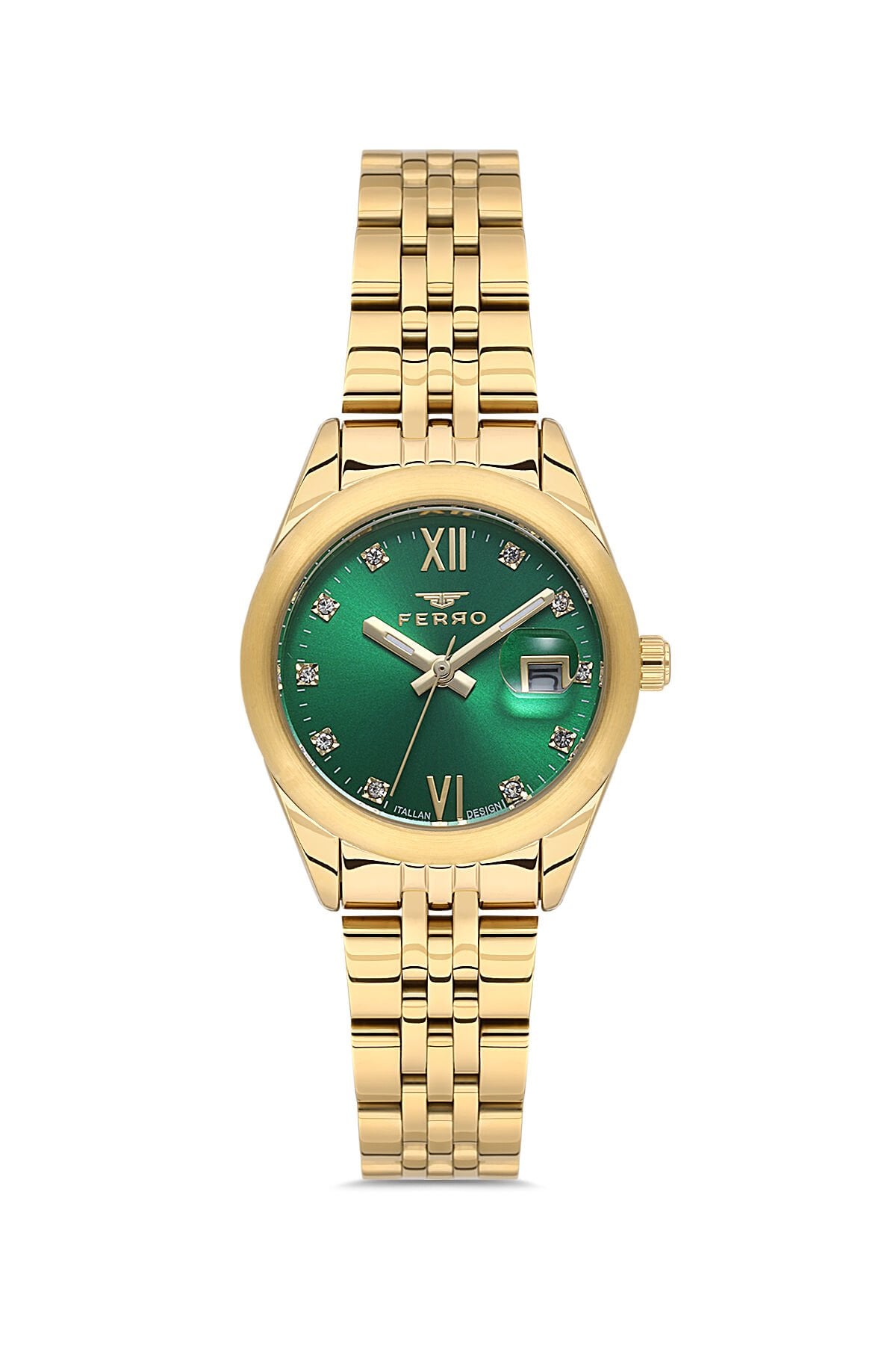 Ferro FL21618AWT-B6 Quartz Çelik Altın Rengi Yeşil Kadran 28 mm Kadın Kol Saati