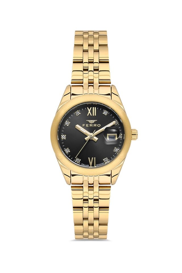 Ferro FL21618AWT-B2 Quartz Çelik Altın Rengi Siyah Kadran 28 mm Kadın Kol Saati