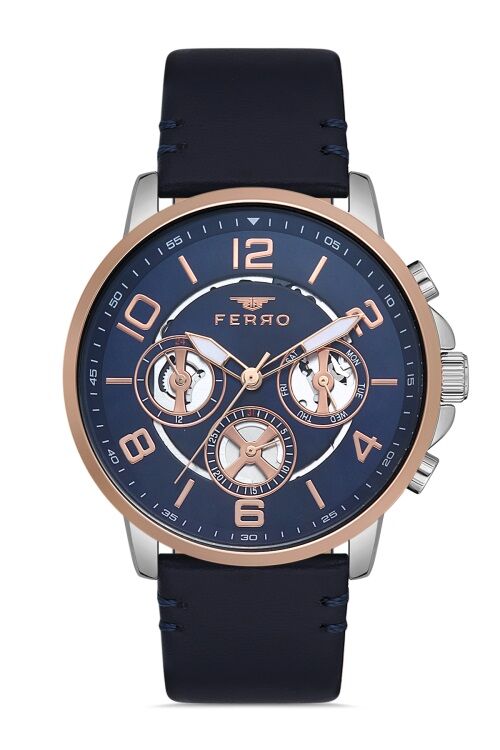 Ferro Lacivert Deri Kordon Erkek Kol Saati FM11146B-E3 Fonksiyonları Aktif 3ATM SuGeçirmez