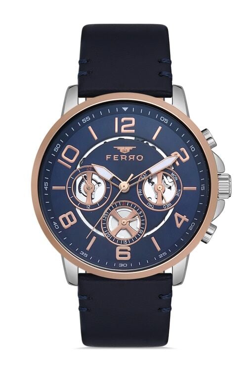 Ferro Lacivert Deri Kordon Erkek Kol Saati FM11146B-E3 Fonksiyonları Aktif 3ATM SuGeçirmez