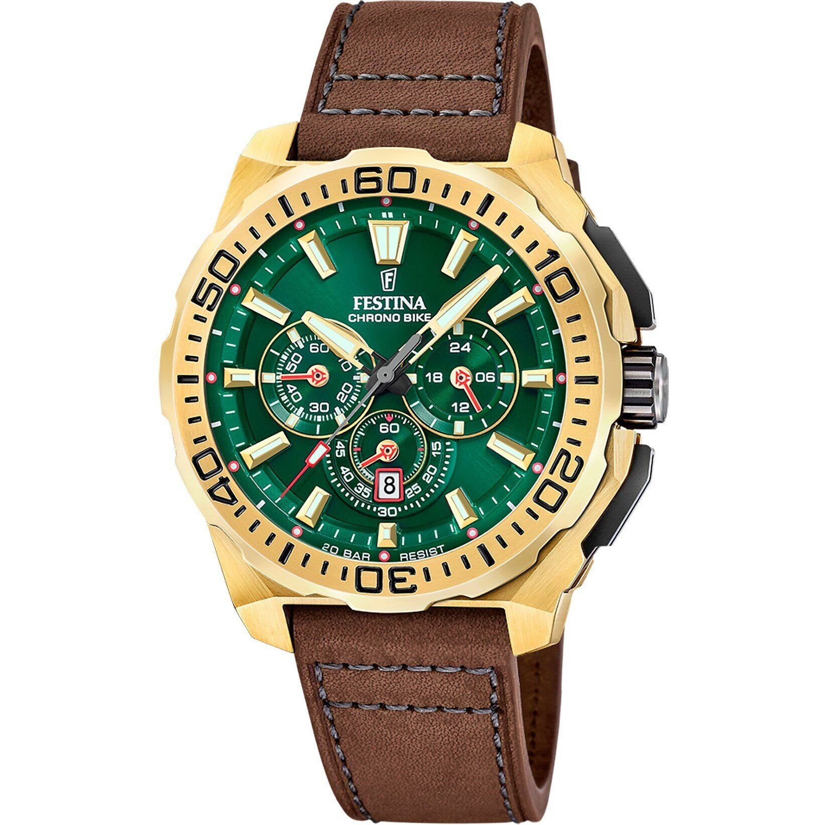 Festina F20728/2 Chrono Bike Quartz Deri Kahverengi Yeşil Kadran 20 ATM 46 mm Erkek Kol Saati