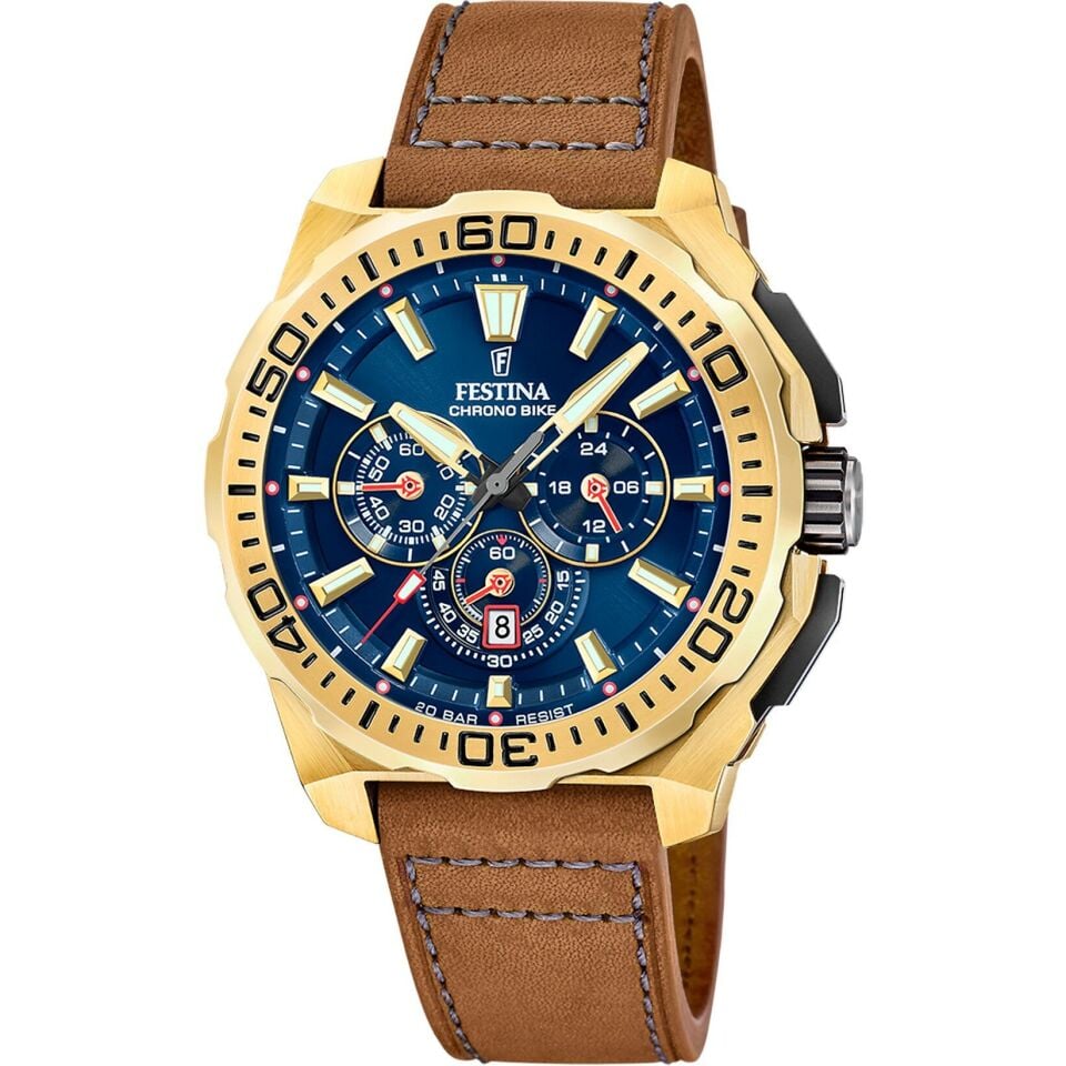 Festina F20728/1 Chrono Bike Quartz Deri Kahverengi Mavi Kadran 20 ATM 46 mm Erkek Kol Saati