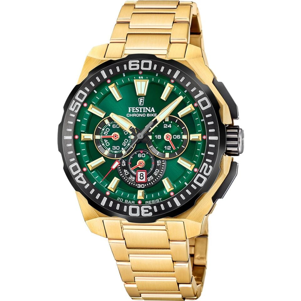 Festina F20727/2 Chrono Bike Quartz Çelik Altın Rengi Yeşil Kadran 20 ATM 46 mm Erkek Kol Saati