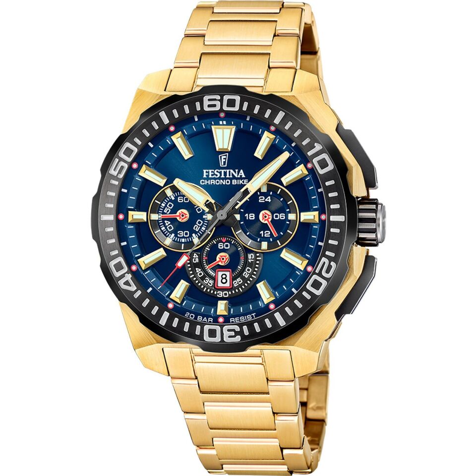 Festina F20727/1 Chrono Bike Quartz Altın Rengi Mavi Kadran 20 ATM 46 mm Erkek Kol Saati