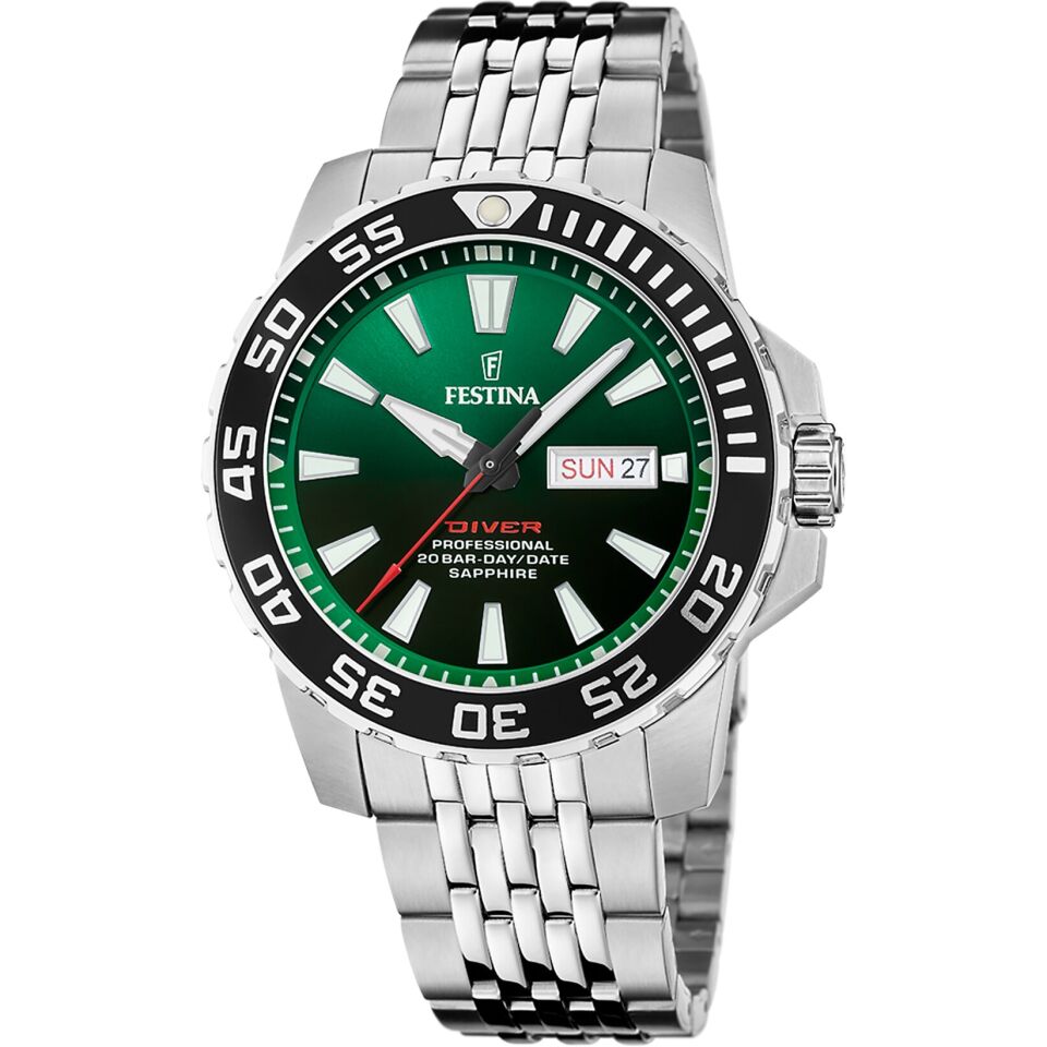 Festina F20661/2 Quartz Çelik Gri Safir Cam Yeşil Kadran 20 ATM 45 mm Erkek Kol Saati
