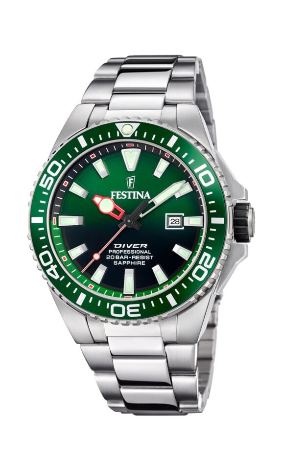 Festina F20663/2 Quartz Çelik Gri Yeşil Kadran Safir Cam 20 ATM 46 mm Erkek Kol Saati