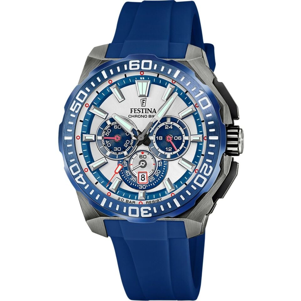 Festina F20725/4 Chrono Bike Quartz Silikon Mavi Gri Kadran 20 ATM 46 mm Erkek Kol Saati