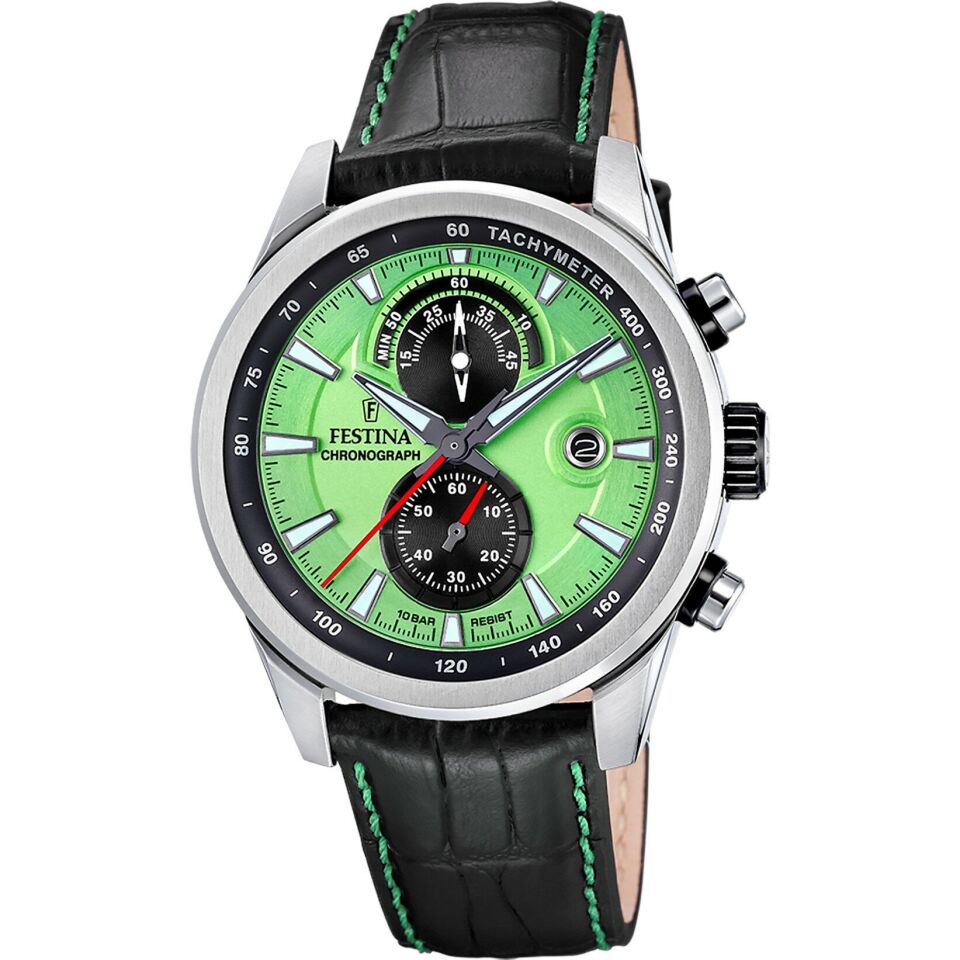 Festina F20695/3 Timeless Chronograph Quartz Deri Siyah Yeşil Kadran 10 ATM 44 mm Erkek Kol Saati