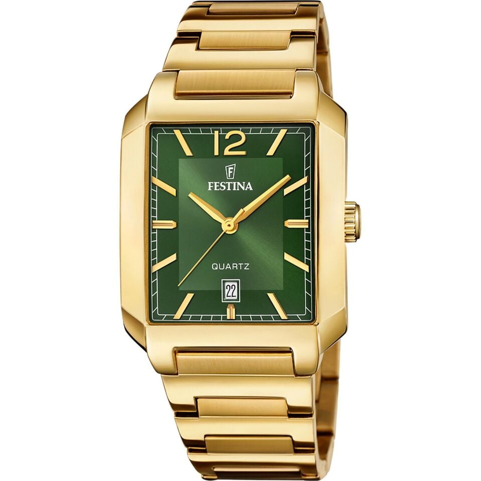 Festina F20678/5 Square Quartz Çelik Altın Rengi Yeşil Kadran 36 mm Erkek Kol Saati