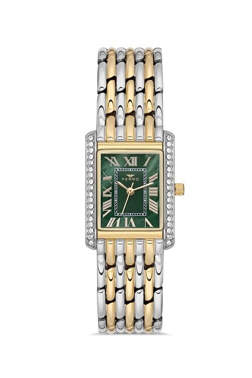 Ferro FL21483A-D6 Quartz Çelik Altın/Gri Yeşil Kadran 22 mm Kadın Kol Saati