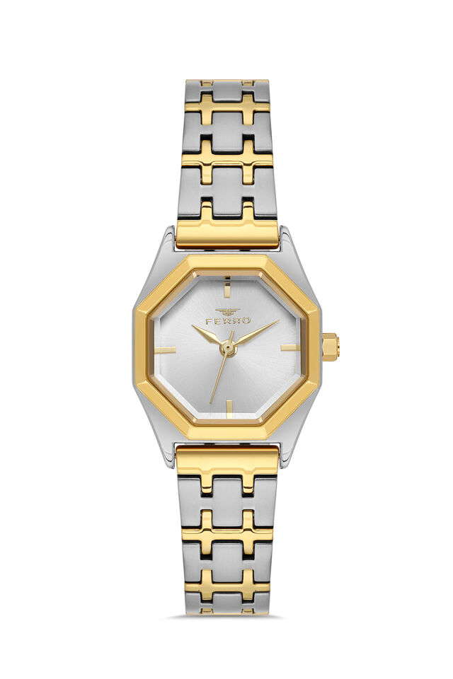 Ferro FL43019A-D Quartz Çelik Altın Gri Beyaz Kadran 26 mm Kadın Kol Saati