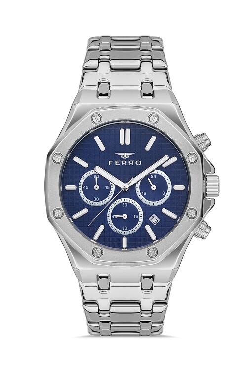 Ferro FM31311A-A3 Quartz Çelik Gri Mavi Kadran 42 mm Erkek Kol Saati