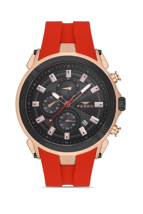 Ferro FM31402D-R4 Quartz Silikon Bordo Siyah Kadran 44 mm Erkek Kol Saati