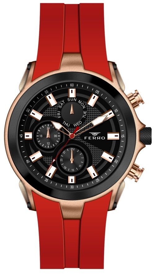 Ferro FM31402D-R4 Quartz Silikon Bordo Siyah Kadran 44 mm Erkek Kol Saati