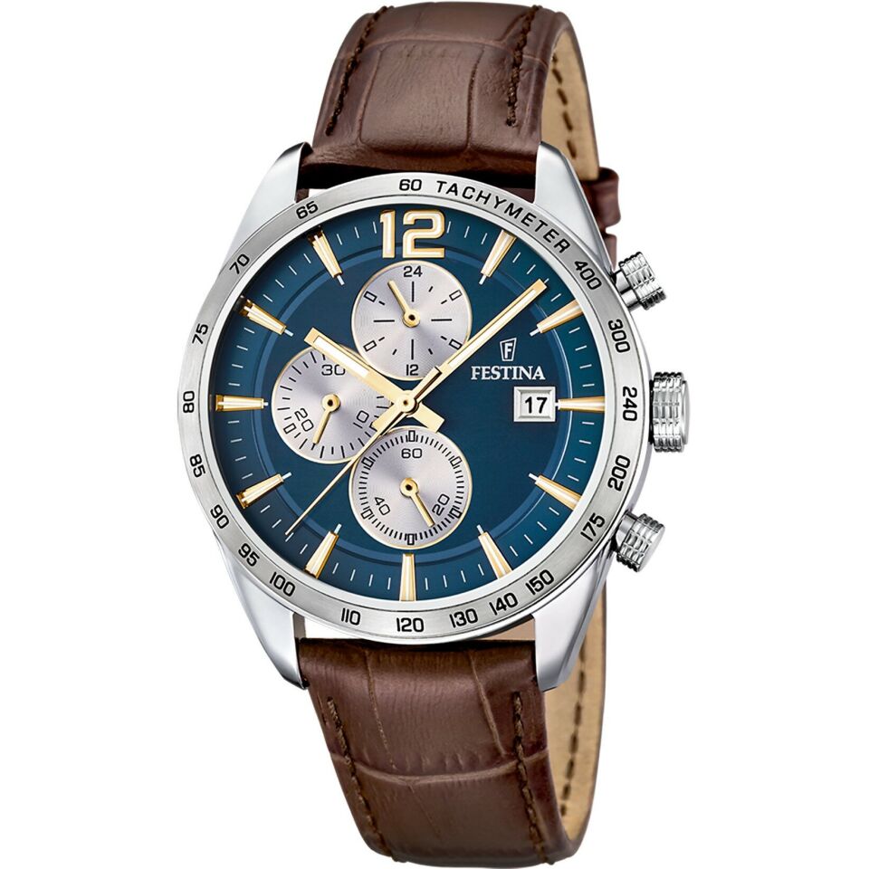 Festina F16760/7 Timeless Chronograph Quartz Deri Kahverengi Mavi Kadran 44 mm Erkek Kol Saati