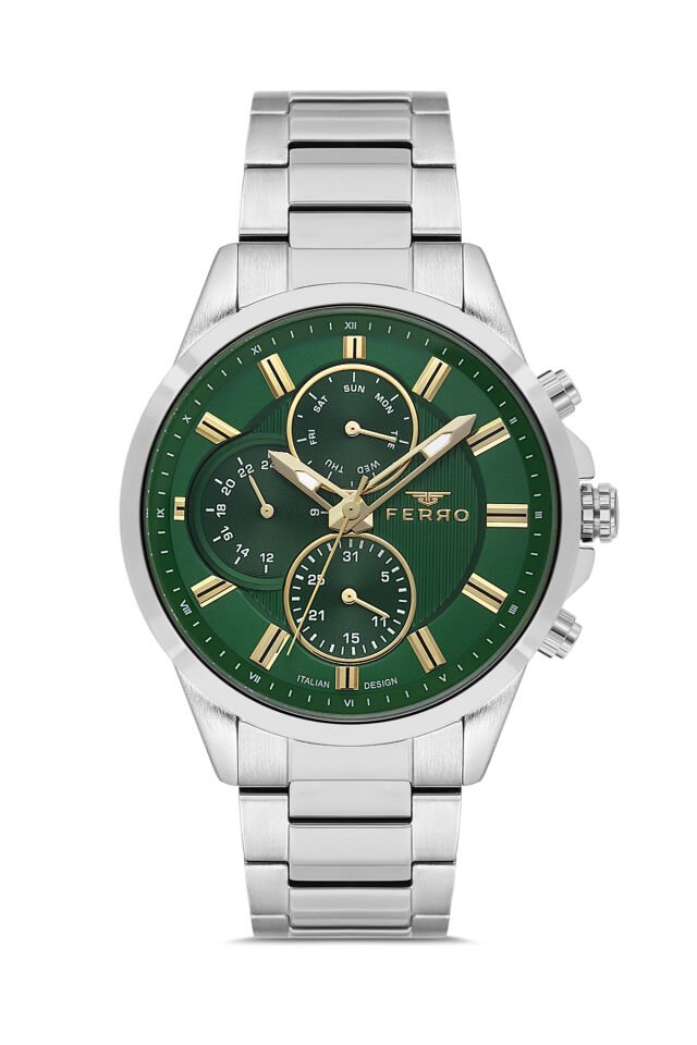 Ferro FM11533AWT-A6 Quartz Çelik Gri Yeşil Kadran 46 mm Erkek Kol Saati