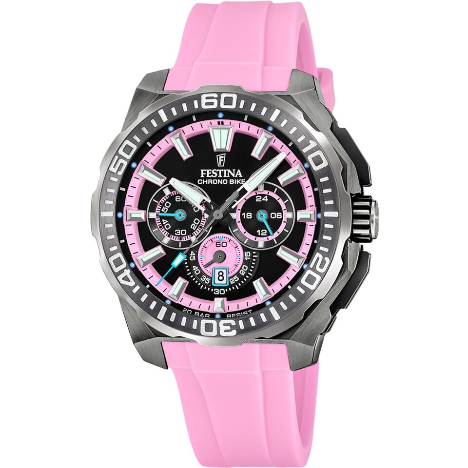 Festina F20725/2 Chrono Bike Quartz Silikon Pembe Siyah Kadran 20 ATM 46 mm Erkek Kol Saati