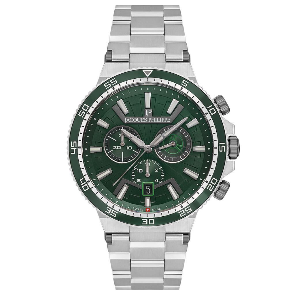 Jacques Philippe JPQGC4473X6SB Quartz Swiss Made Çelik Gri Yeşil Kadran 10 ATM 43 mm Erkek Kol Saati