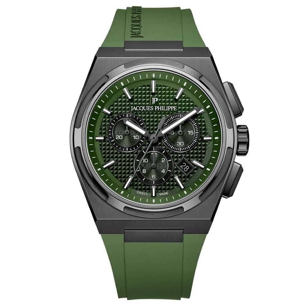 Jacques Philippe JPQGC4184XXG Swiss Made Quartz Silikon Yeşil Safir Cam 42 mm Erkek Kol Saati