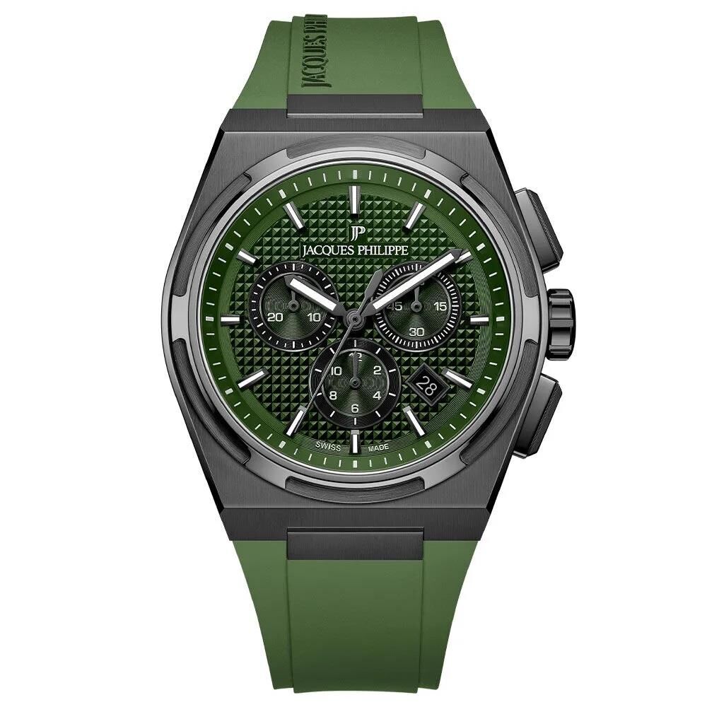 Jacques Philippe JPQGC4184XXG Swiss Made Quartz Silikon Yeşil Safir Cam 42 mm Erkek Kol Saati