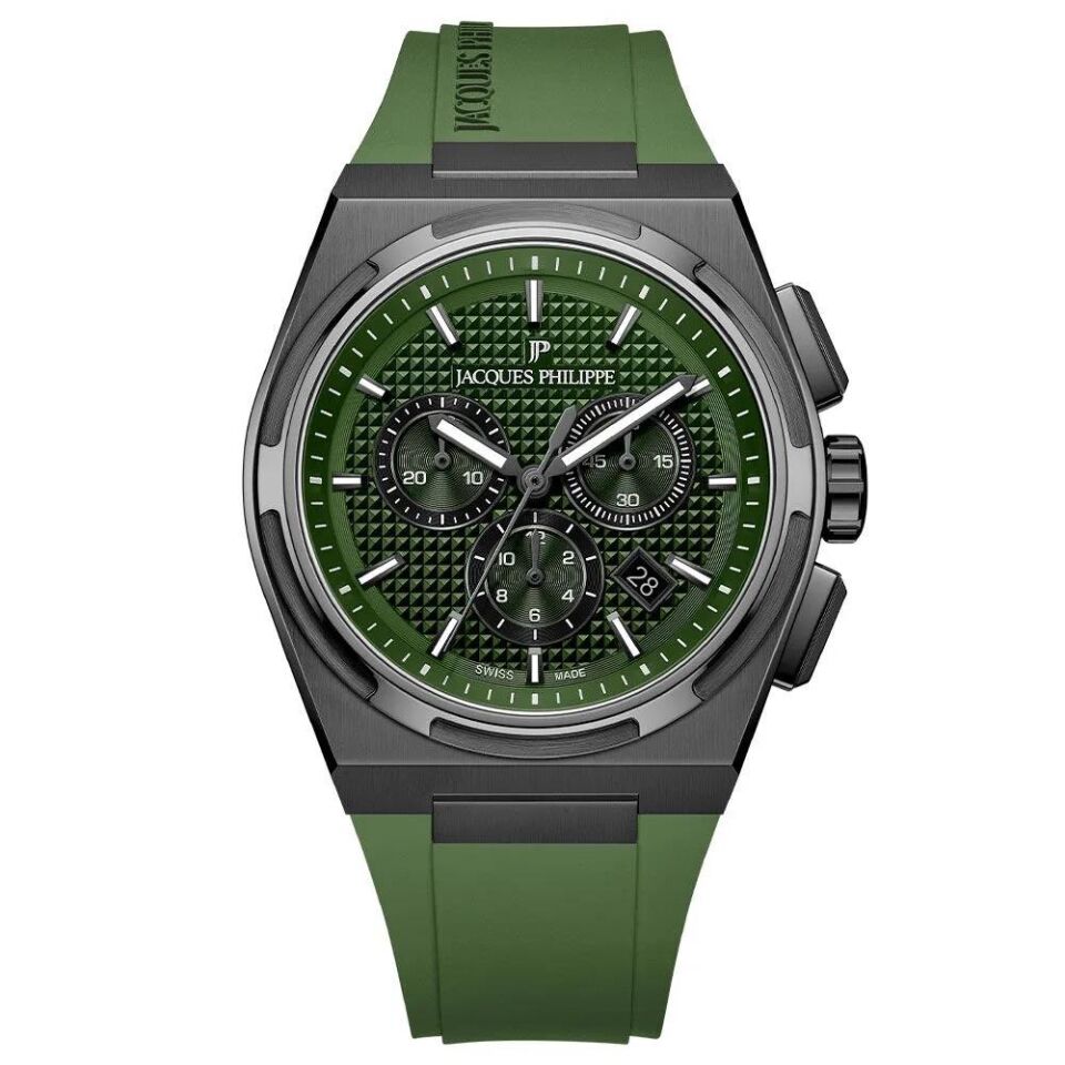Jacques Philippe JPQGC4184XXG Swiss Made Quartz Silikon Yeşil Safir Cam 42 mm Erkek Kol Saati