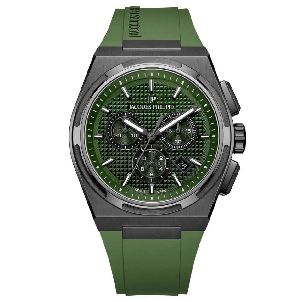 Jacques Philippe JPQGC4184XXG Swiss Made Quartz Silikon Yeşil Safir Cam 42 mm Erkek Kol Saati