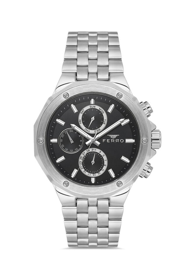 Ferro FM11544AWT-A2 Quartz Çelik Gri Siyah Kadran 44 mm Erkek Kol Saati