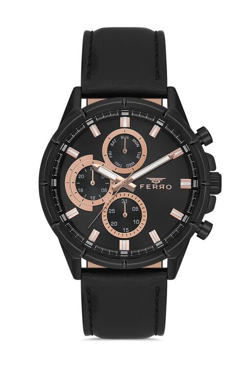 Ferro Siyah Deri Kordon Erkek Kol Saati FM11461B-G Fonksiyonları Aktif 3ATM Su Geçirmez HediyePaket