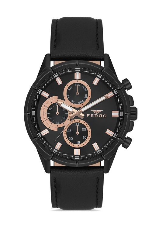 Ferro Siyah Deri Kordon Erkek Kol Saati FM11461B-G Fonksiyonları Aktif 3ATM Su Geçirmez HediyePaket
